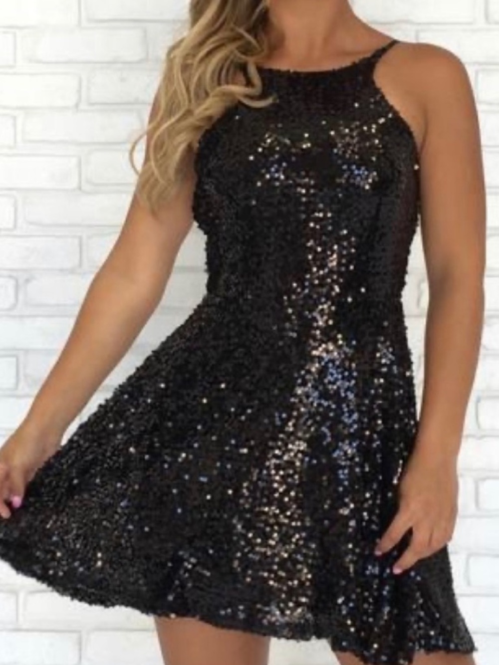 Dainty Hooligan Black Sequin Halter Mini Dress